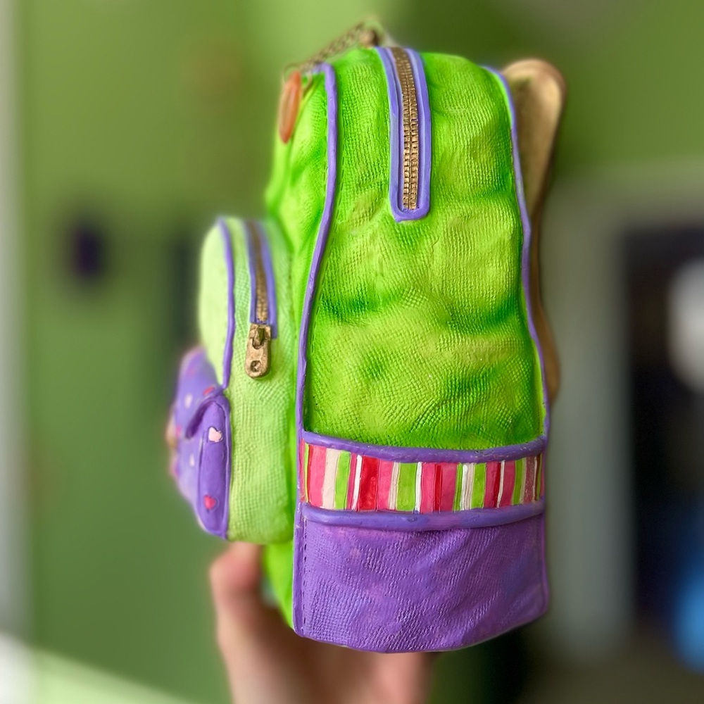 Handmade Vibrant Green & Purple Rustic 3D Textured Backpack Bag Piggy Bank - Picture 4 of 11